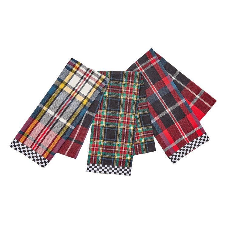 Tartan Check Cotton Dish Towels Set of 3 with Black and White Trim