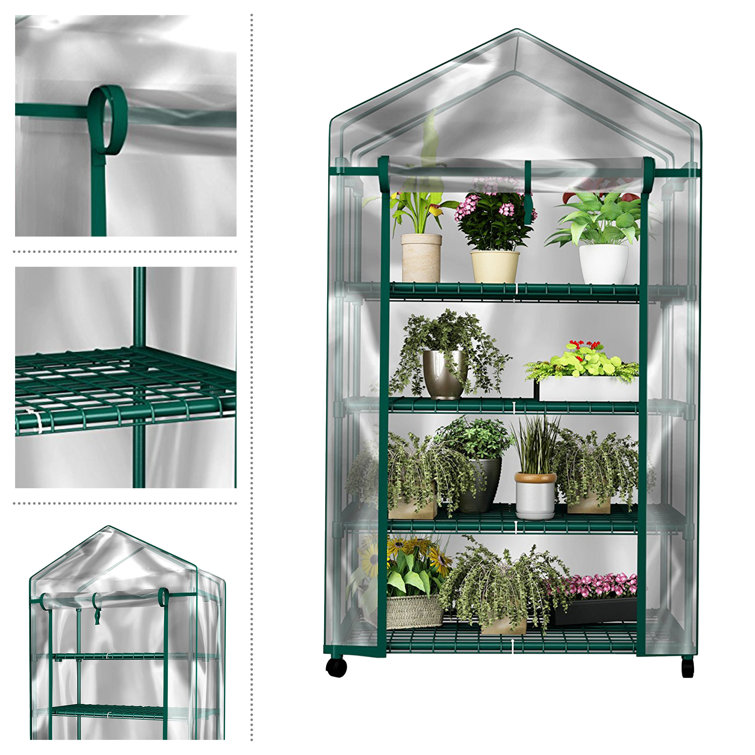 Green 4-Tier Portable Mini Greenhouse with Clear PVC Cover