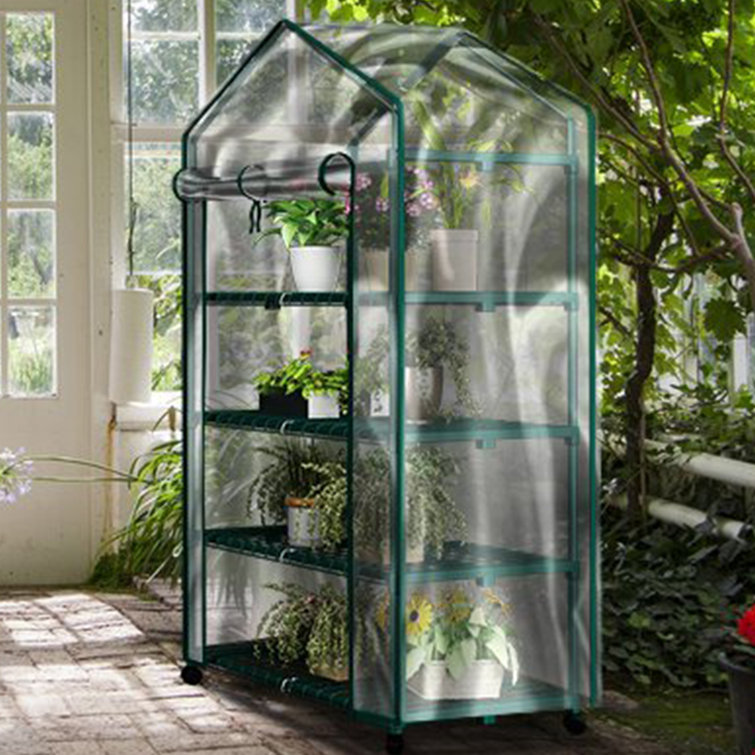 Green 4-Tier Portable Mini Greenhouse with Clear PVC Cover