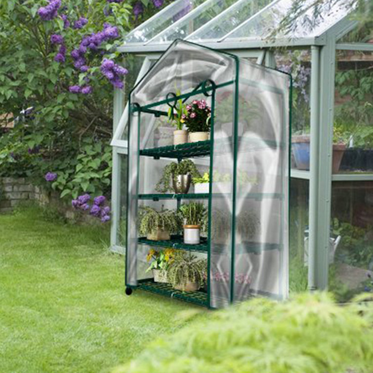 Green 4-Tier Portable Mini Greenhouse with Clear PVC Cover