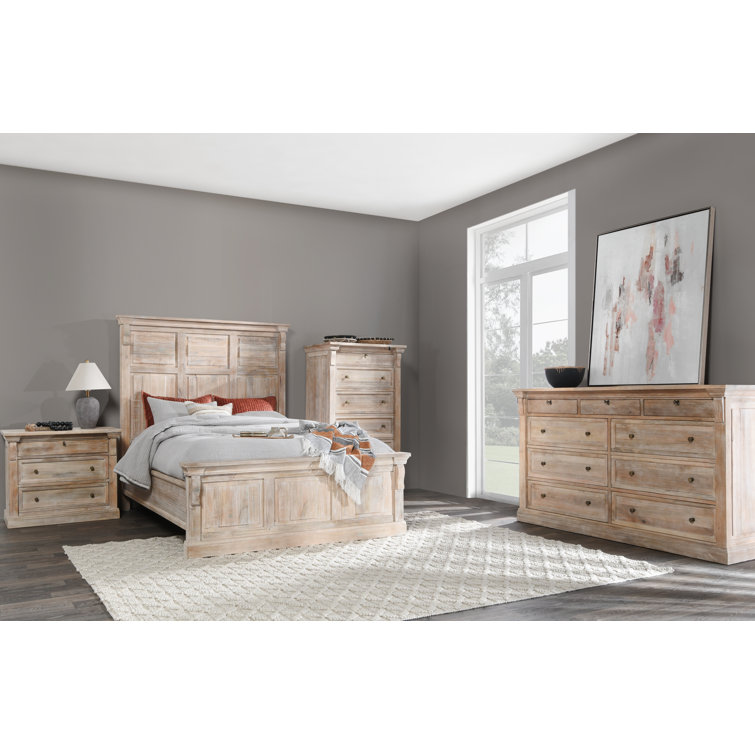 King White Wash Mango Wood Bed with High Headboard and Drawers