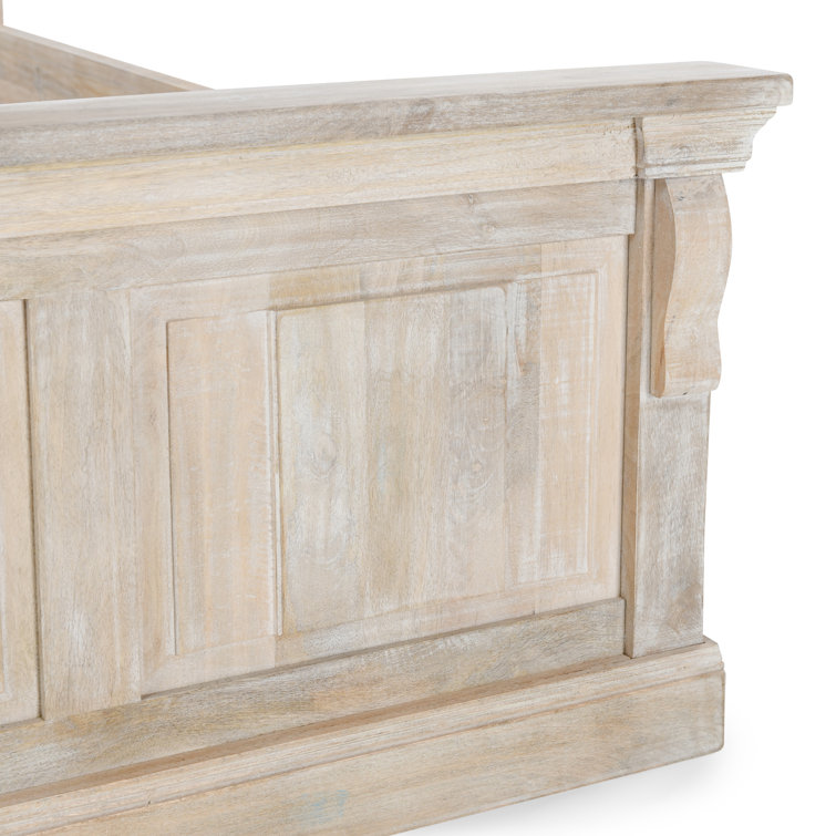 King White Wash Mango Wood Bed with High Headboard and Drawers