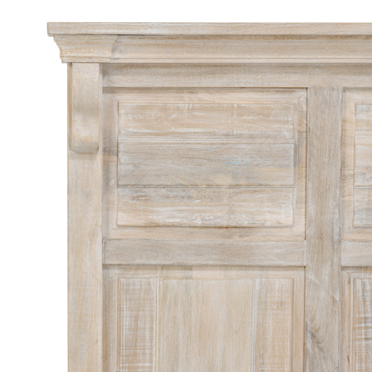 King White Wash Mango Wood Bed with High Headboard and Drawers