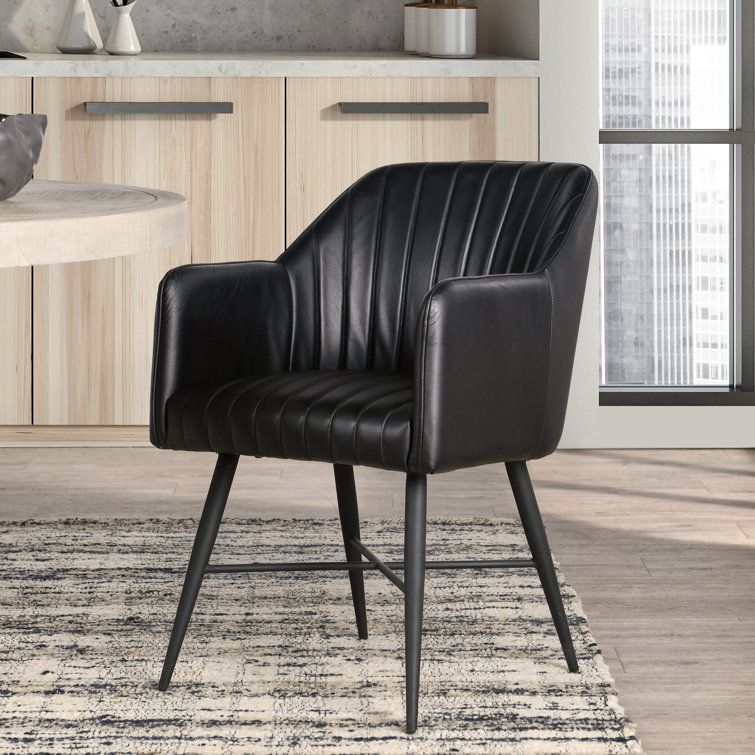 Leon Black Leather Upholstered Arm Chair with Wood Legs