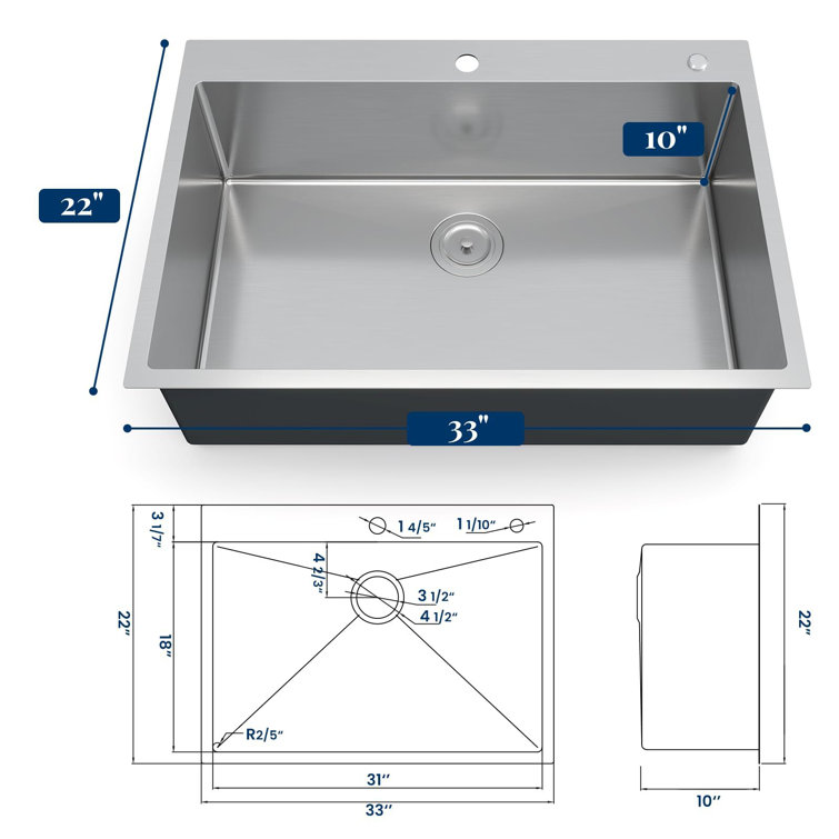 33" Brushed Stainless Steel Single Bowl Undermount Kitchen Sink