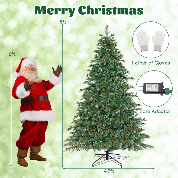 8 Ft Green Artificial Pine Christmas Tree with Warm LED Lights