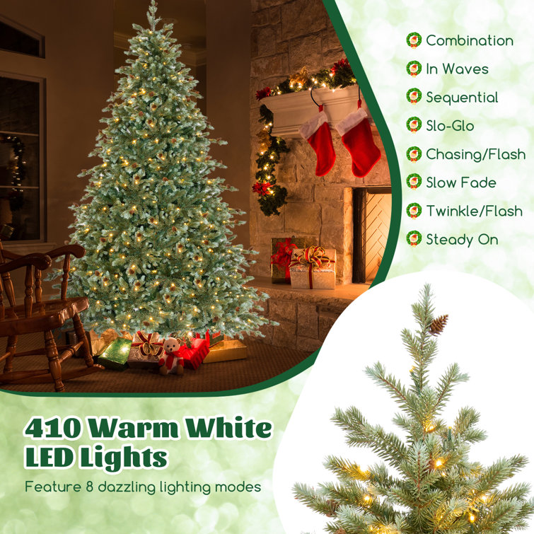 8 Ft Green Artificial Pine Christmas Tree with Warm LED Lights