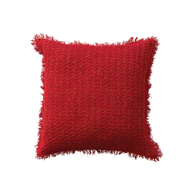 Red and Gold Fringed Cotton Blend Square Throw Pillow