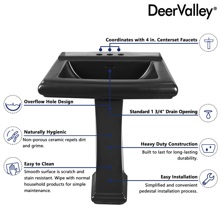 Apex Black Ceramic Rectangular Pedestal Sink with Single Faucet Hole