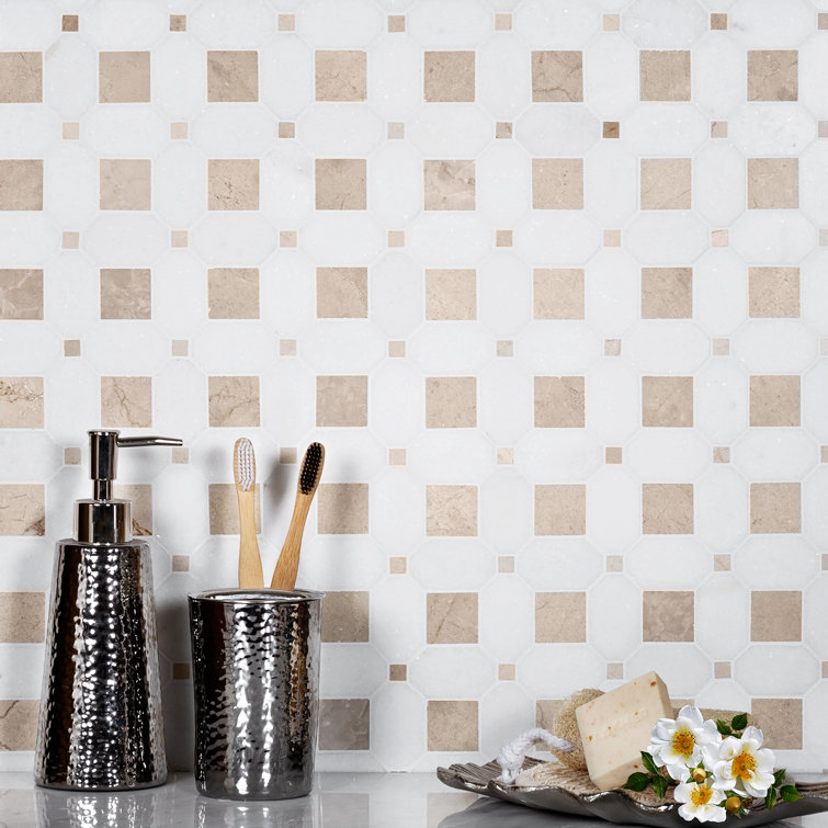 12.2" Beige and White Marble Octagon Mosaic Tile
