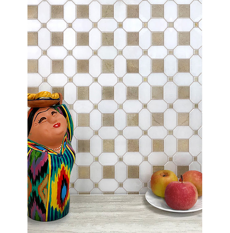 12.2" Beige and White Marble Octagon Mosaic Tile