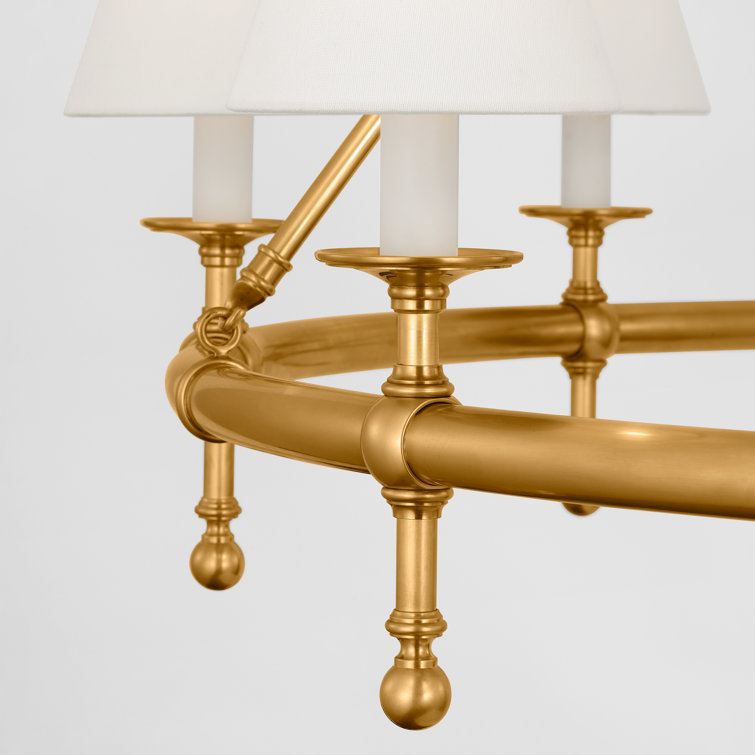 Antique-Burnished Brass 8-Light Chandelier with Linen Shades