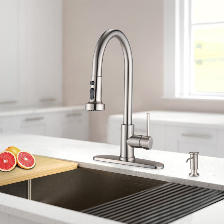 Brushed Nickel High-Arc Pull Down Kitchen Faucet with Soap Dispenser