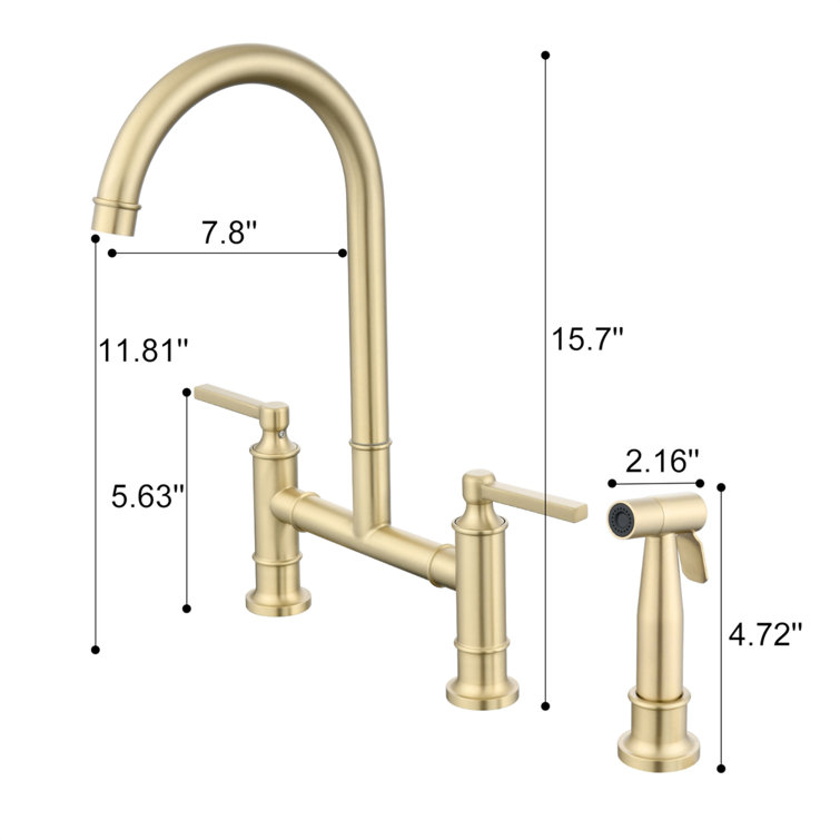 Brushed Gold Stainless Steel Double Handle Bridge Kitchen Faucet