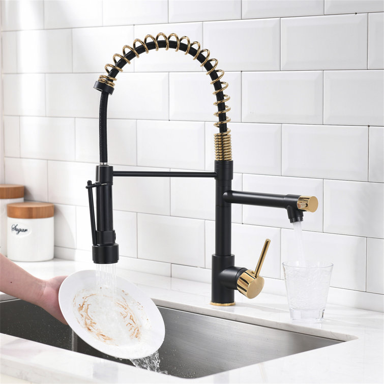 Matte Black and Gold Double Handle Pull Down Kitchen Faucet