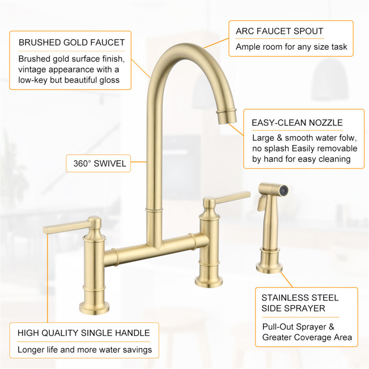 Brushed Gold Stainless Steel Double Handle Bridge Kitchen Faucet