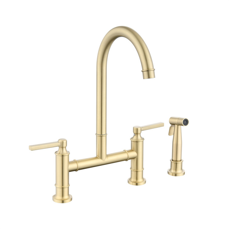 Brushed Gold Stainless Steel Double Handle Bridge Kitchen Faucet