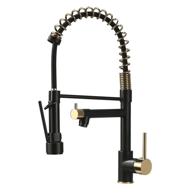 Matte Black and Gold Double Handle Pull Down Kitchen Faucet