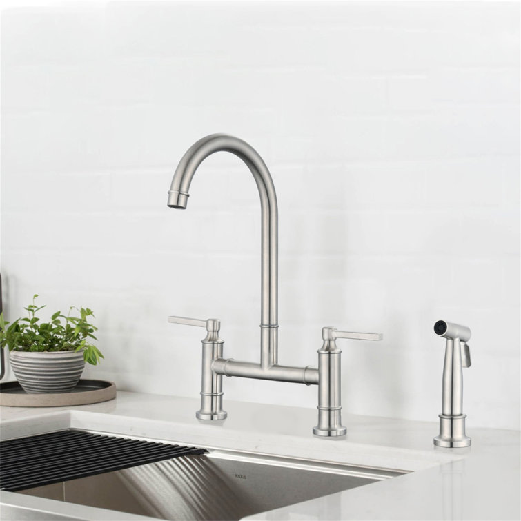 Brushed Nickel Double Handle Bridge Kitchen Faucet with Side Spray