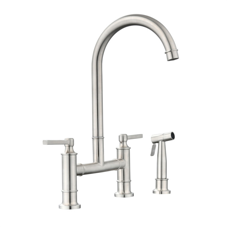 Brushed Nickel Double Handle Bridge Kitchen Faucet with Side Spray