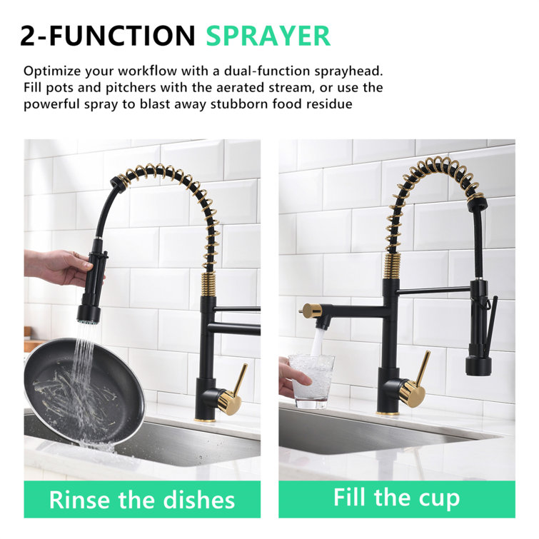 Matte Black and Gold Double Handle Pull Down Kitchen Faucet