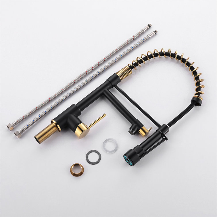 Matte Black and Gold Double Handle Pull Down Kitchen Faucet
