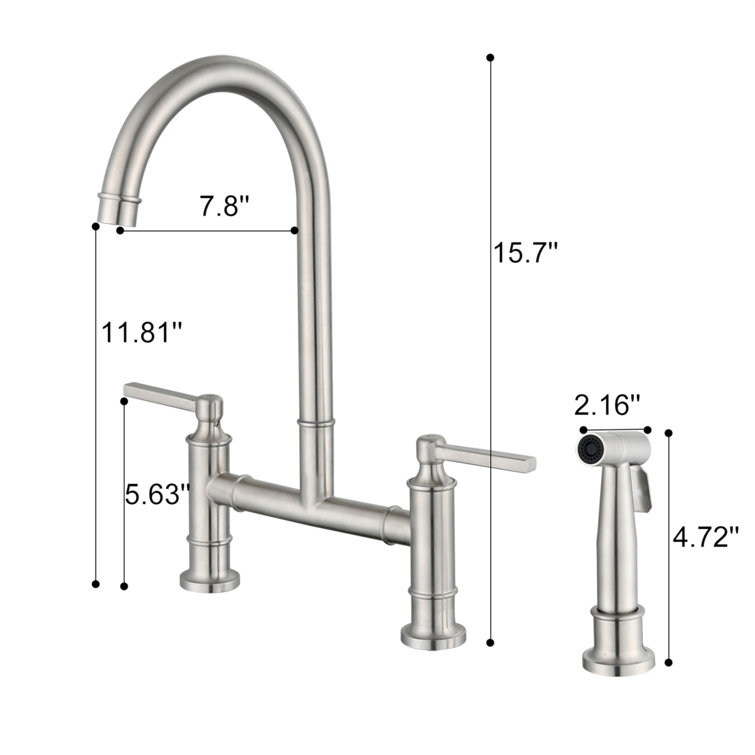 Brushed Nickel Double Handle Bridge Kitchen Faucet with Side Spray