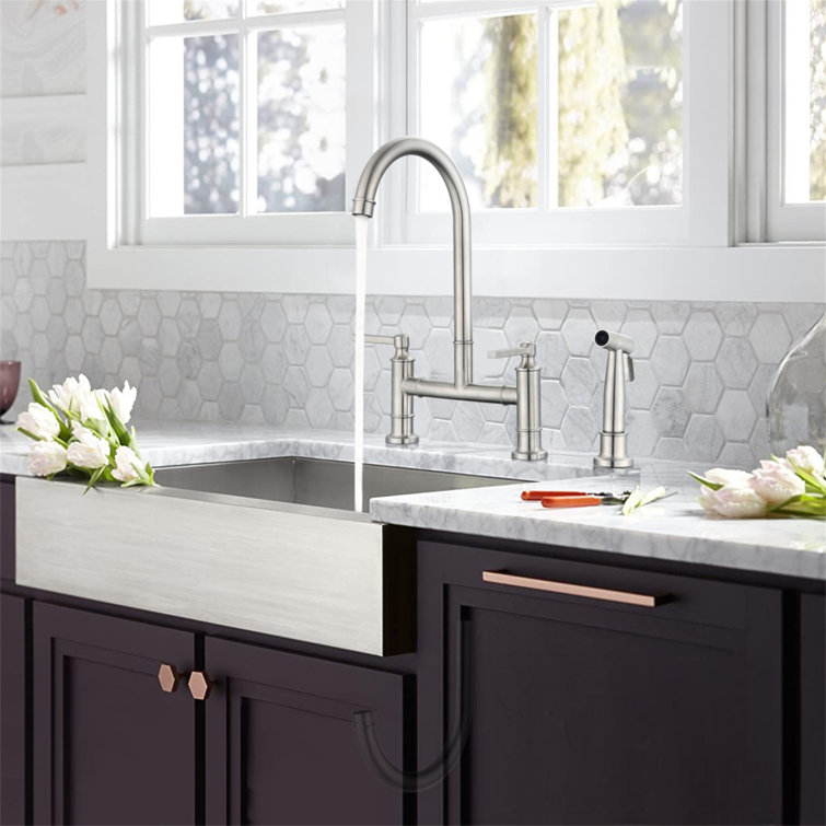 Brushed Nickel Double Handle Bridge Kitchen Faucet with Side Spray