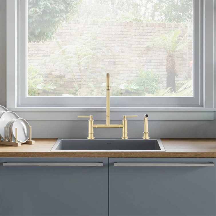 Brushed Gold Stainless Steel Double Handle Bridge Kitchen Faucet