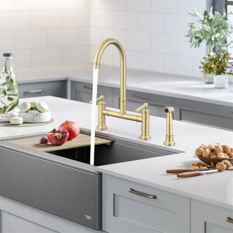 Brushed Gold Stainless Steel Double Handle Bridge Kitchen Faucet