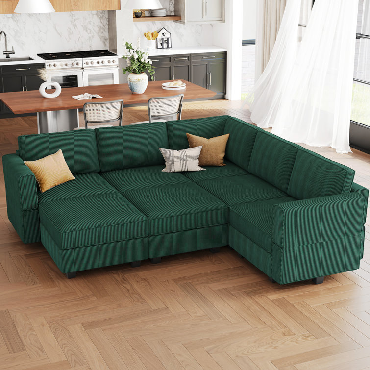 Green Corduroy Modular U-Shaped Sectional Sofa with Storage