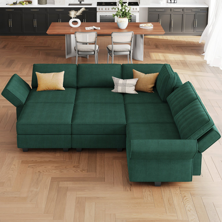 Green Corduroy Modular U-Shaped Sectional Sofa with Storage