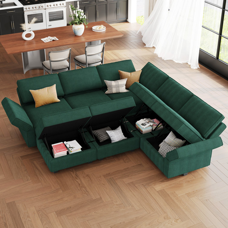 Green Corduroy Modular U-Shaped Sectional Sofa with Storage