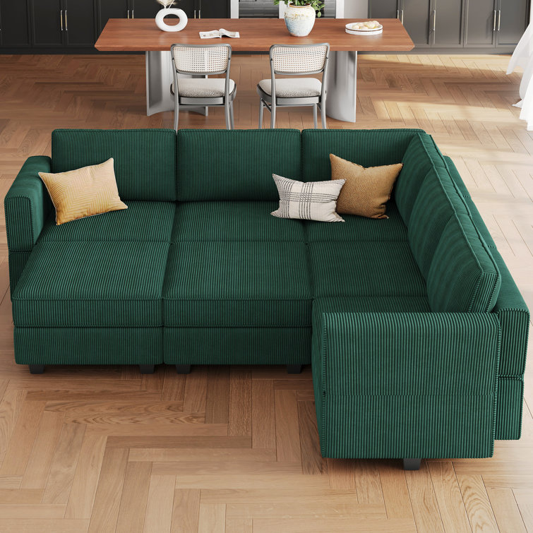 Green Corduroy Modular U-Shaped Sectional Sofa with Storage