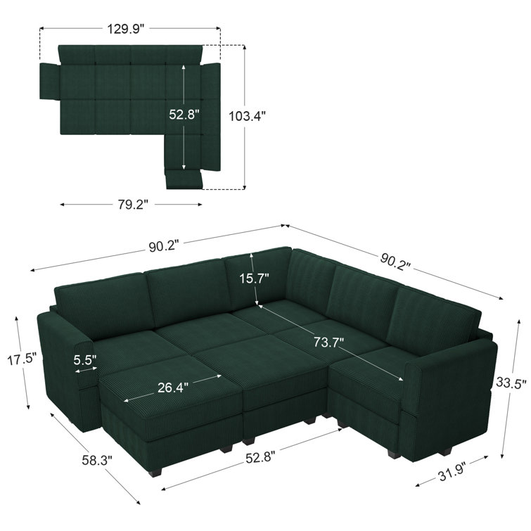 Green Corduroy Modular U-Shaped Sectional Sofa with Storage