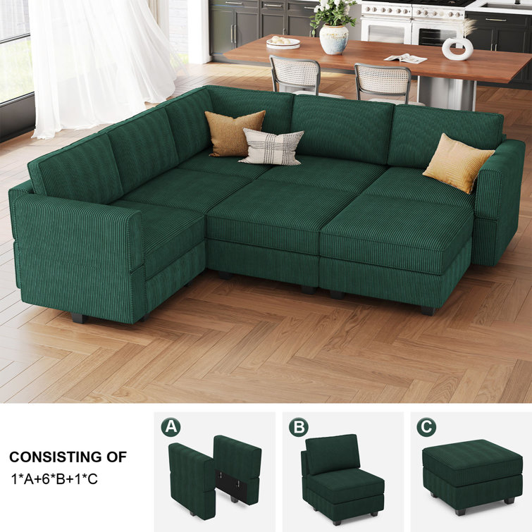 Green Corduroy Modular U-Shaped Sectional Sofa with Storage