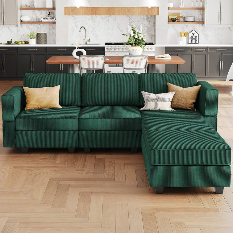Green Corduroy Modular U-Shaped Sectional Sofa with Storage