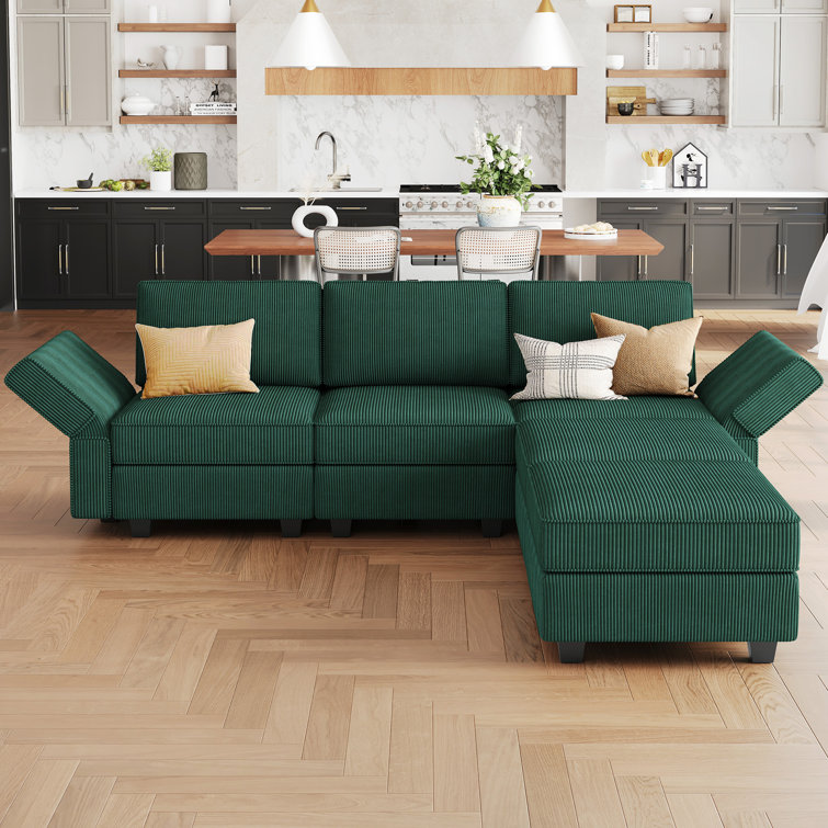 Green Corduroy Modular U-Shaped Sectional Sofa with Storage