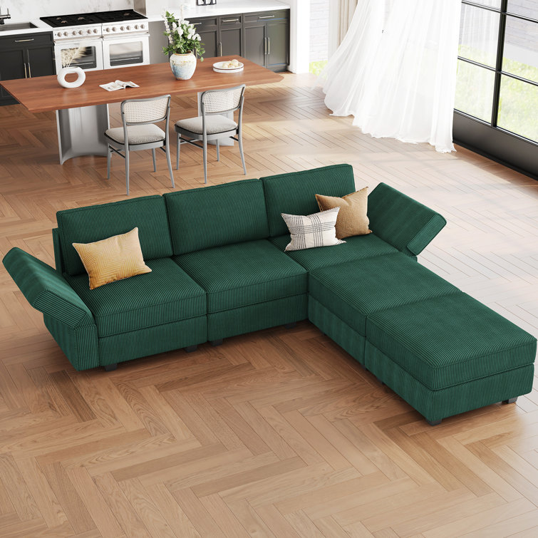 Green Corduroy Modular U-Shaped Sectional Sofa with Storage