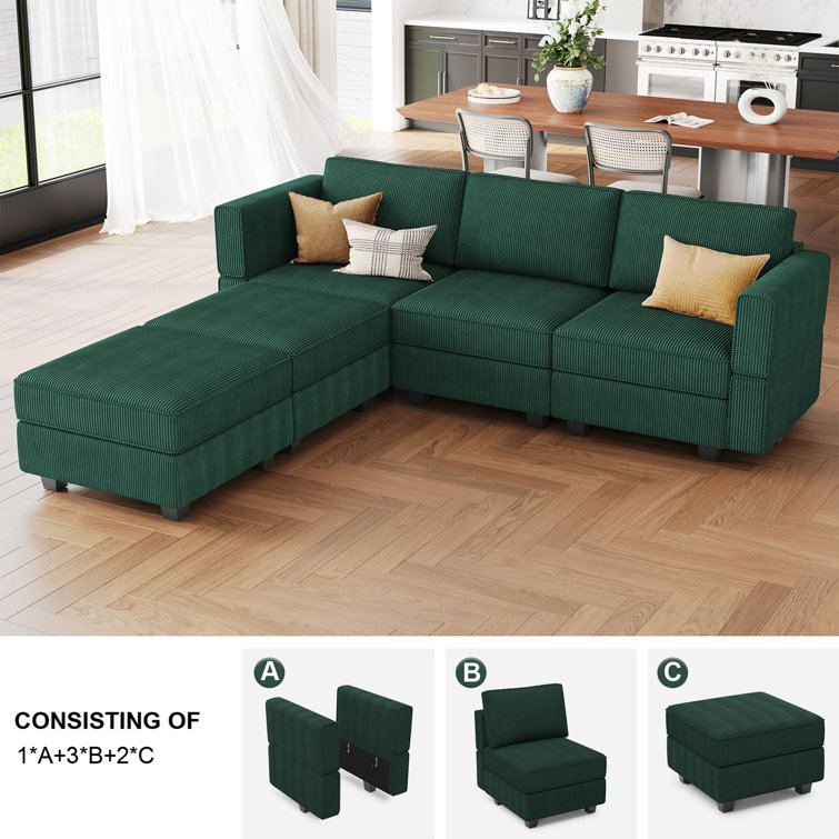 Green Corduroy Modular U-Shaped Sectional Sofa with Storage