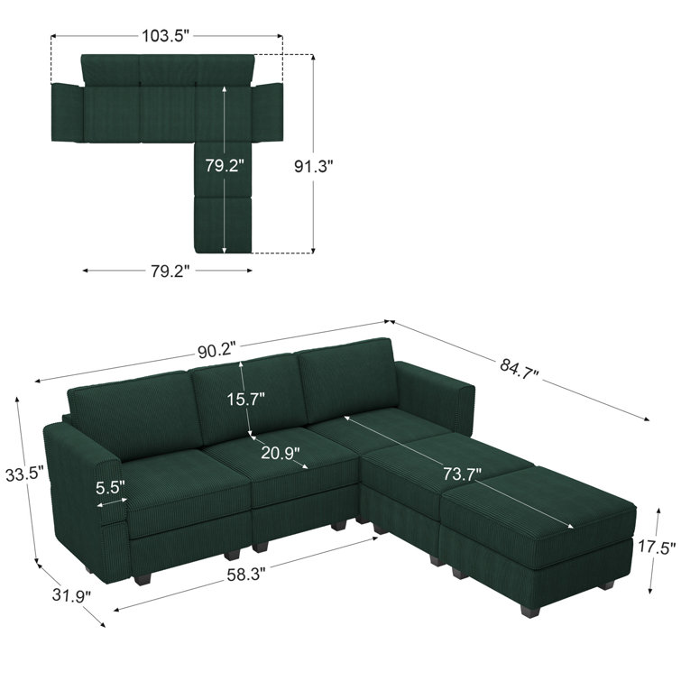 Green Corduroy Modular U-Shaped Sectional Sofa with Storage