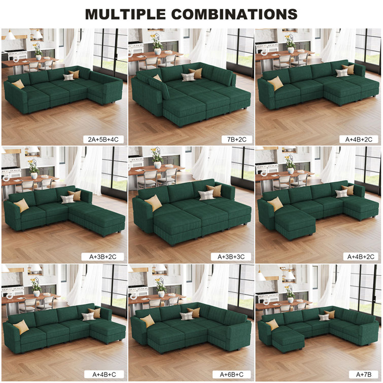 Green Corduroy Modular U-Shaped Sectional Sofa with Storage