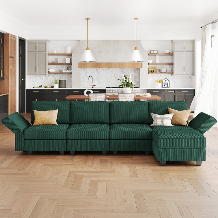 Green Corduroy Modular U-Shaped Sectional Sofa with Storage