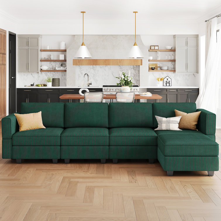 Green Corduroy Modular U-Shaped Sectional Sofa with Storage