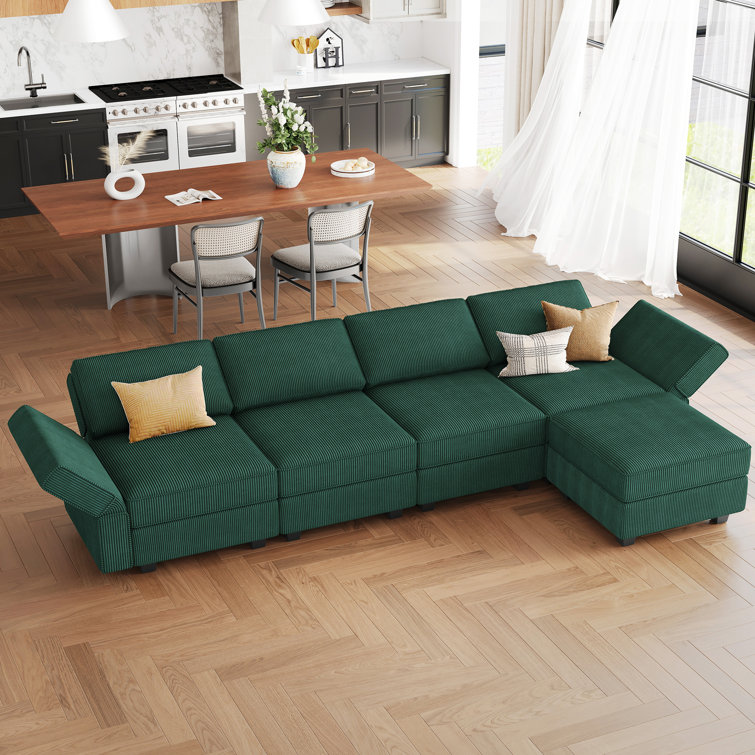 Green Corduroy Modular U-Shaped Sectional Sofa with Storage