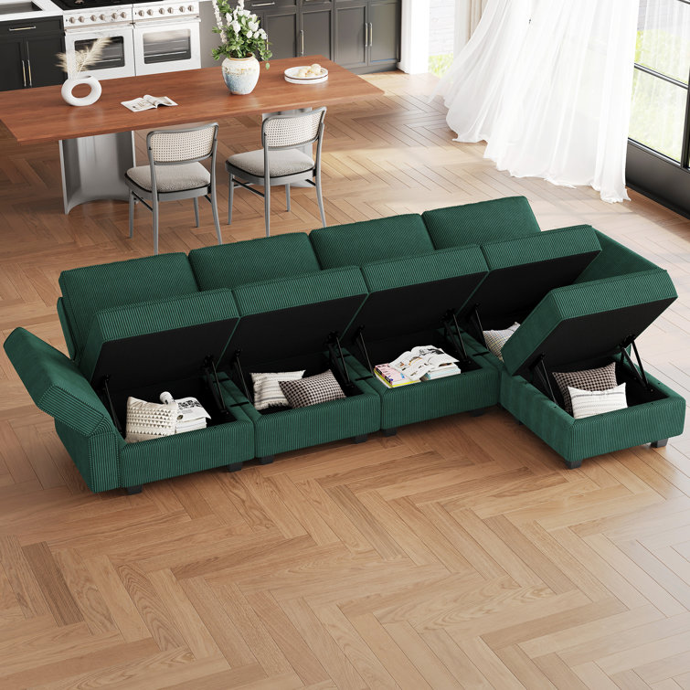 Green Corduroy Modular U-Shaped Sectional Sofa with Storage