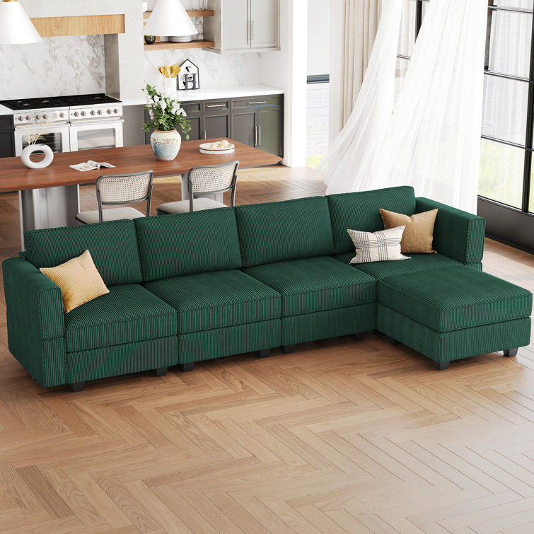 Green Corduroy Modular U-Shaped Sectional Sofa with Storage