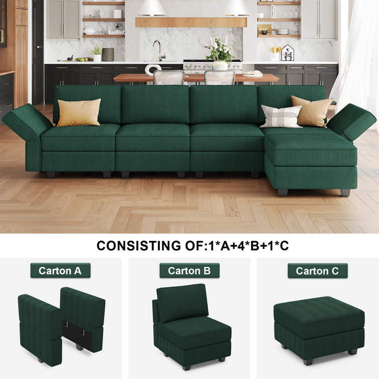 Green Corduroy Modular U-Shaped Sectional Sofa with Storage