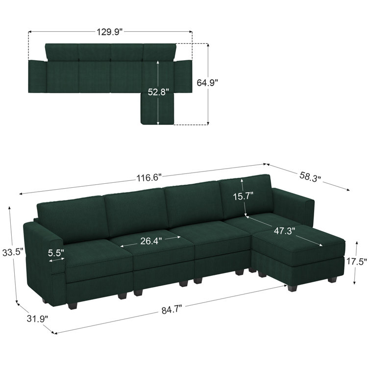 Green Corduroy Modular U-Shaped Sectional Sofa with Storage