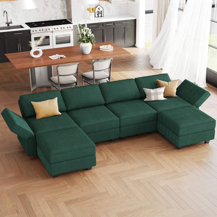 Green Corduroy Modular U-Shaped Sectional Sofa with Storage